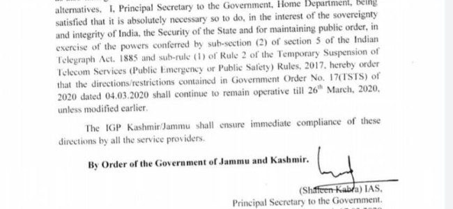 Restrictions on high speed internet services to continue till 26 March Restrictions on high speed internet services to continue till 26 March