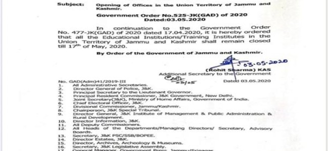 J&K Govt orders closure of educational institutions, training institutions till May 17 J&K Govt orders closure of educational institutions, training institutions till May 17