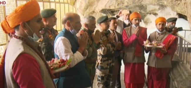 Defence minister Rajnath Singh visits Amarnath cave shrine in Kashmir Himalayas Defence minister Rajnath Singh visits Amarnath cave shrine in Kashmir Himalayas