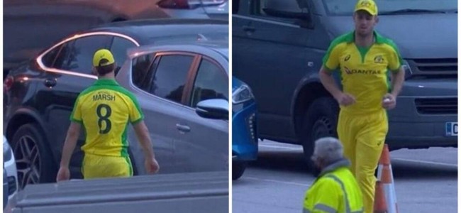 Mitchell Marsh collects ball from parking lot after Sam Billings hits a massive six Mitchell Marsh collects ball from parking lot after Sam Billings hits a massive six
