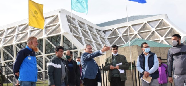 Advisor Farooq Khan inspects ongoing renovation, up gradation works at Bakshi stadium, Indoor stadium Advisor Farooq Khan inspects ongoing renovation, up gradation works at Bakshi stadium, Indoor stadium