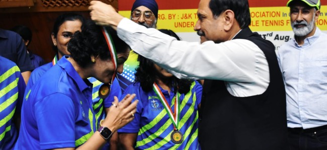 Advisor Bhatnagar witnesses matches of ongoing 28th National Masters Table Tennis Championship at SKISC Srinagar