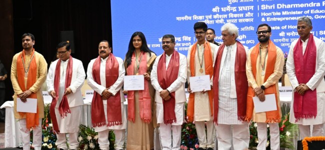 Union Education Minister Dharmendra Pradhan, Lt Governor Manoj Sinha, Union MoS Dr Jitendra Singh address the students